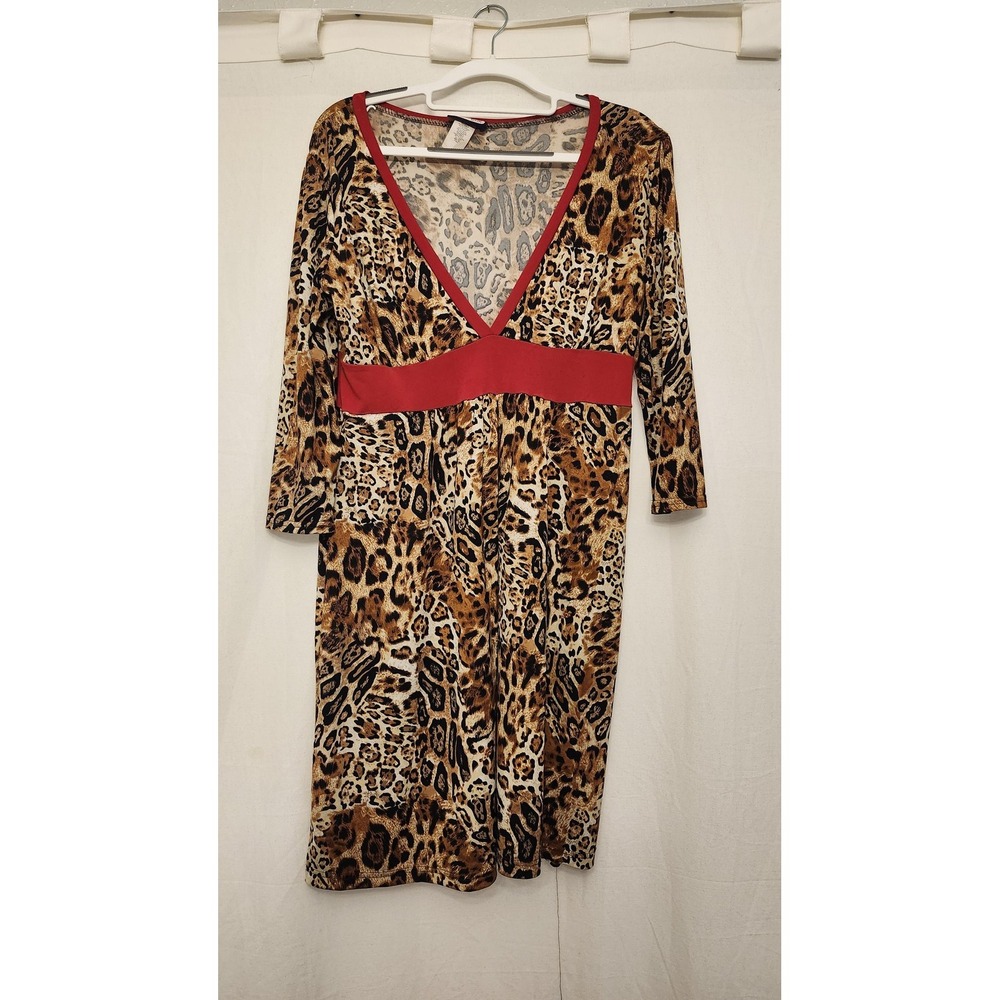 Vtg Y2K Zoey Beth Dress‎ Womens XL Animal Print leopard Red Waist 3/4 Sleeve V